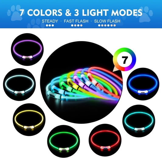 Lighted Dog Collar, Rechargeable 7 Colors Changing Light Up Dog Collar, IP67 Waterproof LED Collar Glow in the Dark, Make Pet Visible and Safety for Night Walking,Outdoor, for All Dogs