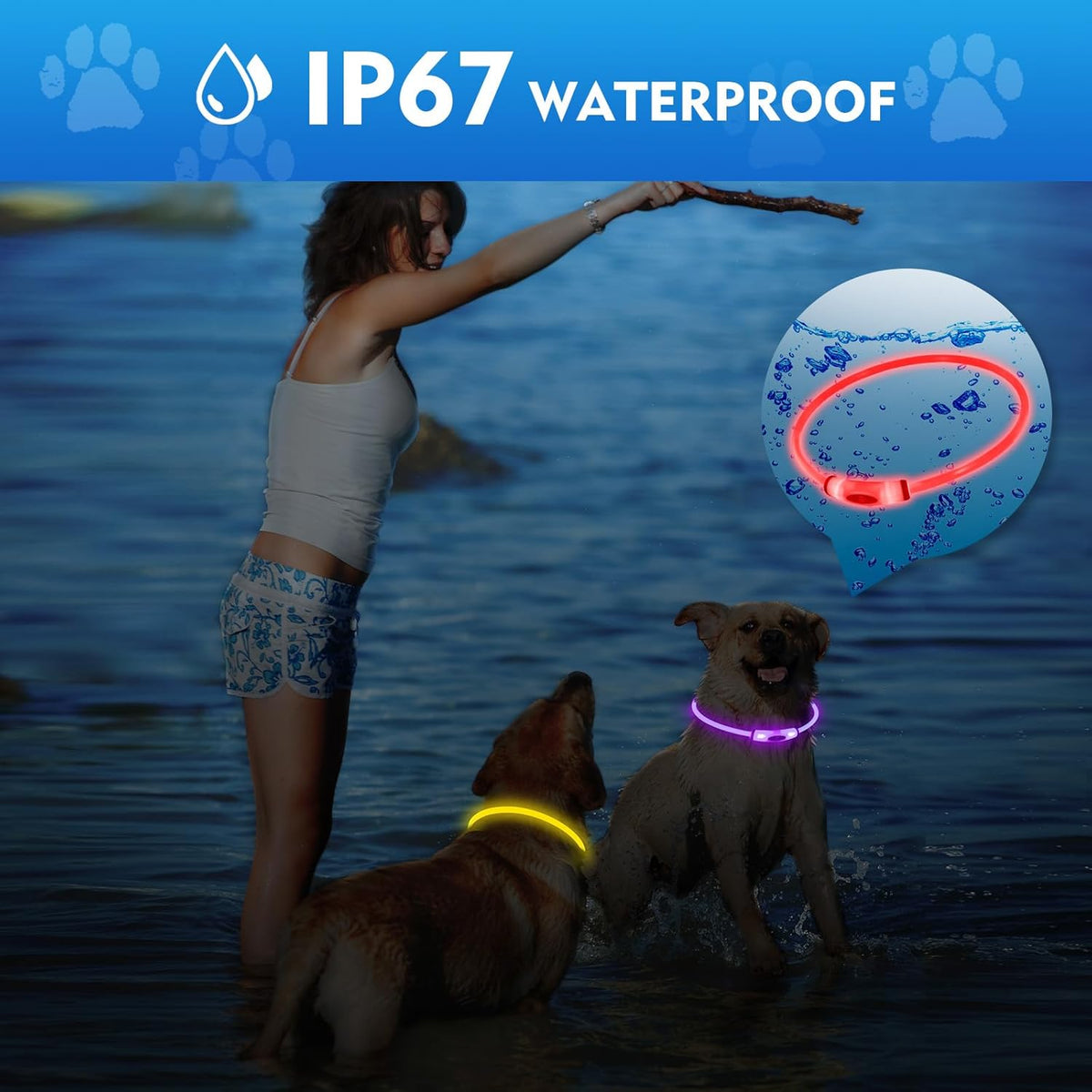 Lighted Dog Collar, Rechargeable 7 Colors Changing Light Up Dog Collar, IP67 Waterproof LED Collar Glow in the Dark, Make Pet Visible and Safety for Night Walking,Outdoor, for All Dogs