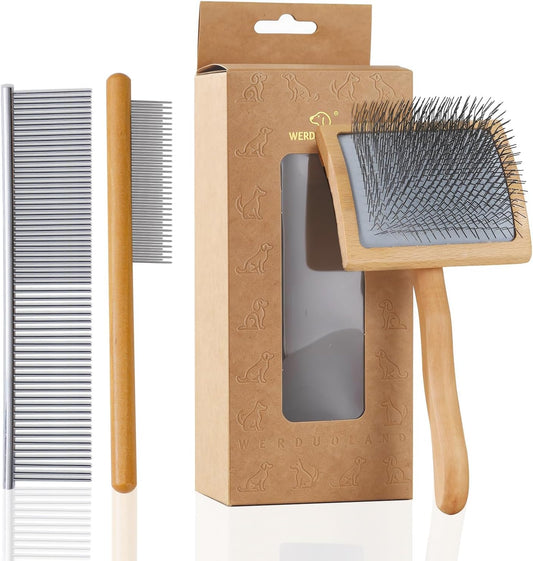 Slicker Brush for Long Haired Dogs, Wooden Ergonomic Handle | Long pins reach deep undercoat. For Goldendoodles, Poodles, Doodles, long-haired breeds. Removes mats, gentle on skin.