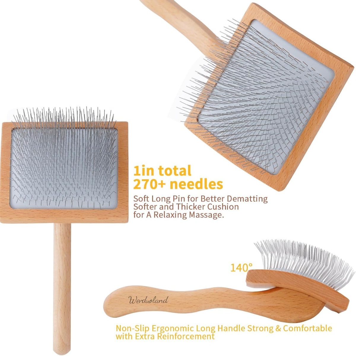 Slicker Brush for Long Haired Dogs, Wooden Ergonomic Handle | Long pins reach deep undercoat. For Goldendoodles, Poodles, Doodles, long-haired breeds. Removes mats, gentle on skin.