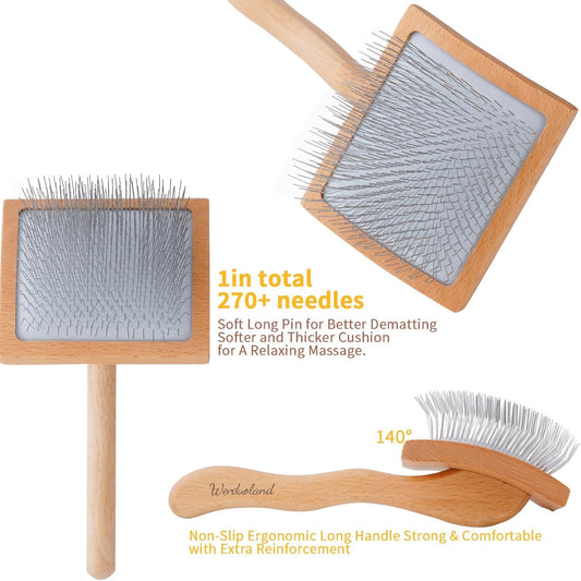 Slicker Brush for Long Haired Dogs, Wooden Ergonomic Handle | Long pins reach deep undercoat. For Goldendoodles, Poodles, Doodles, long-haired breeds. Removes mats, gentle on skin.