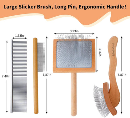 Slicker Brush for Long Haired Dogs, Wooden Ergonomic Handle | Long pins reach deep undercoat. For Goldendoodles, Poodles, Doodles, long-haired breeds. Removes mats, gentle on skin.
