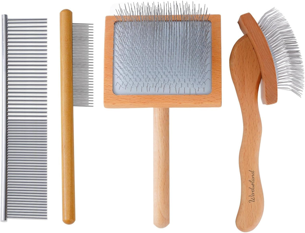 Slicker Brush for Long Haired Dogs, Wooden Ergonomic Handle | Long pins reach deep undercoat. For Goldendoodles, Poodles, Doodles, long-haired breeds. Removes mats, gentle on skin.