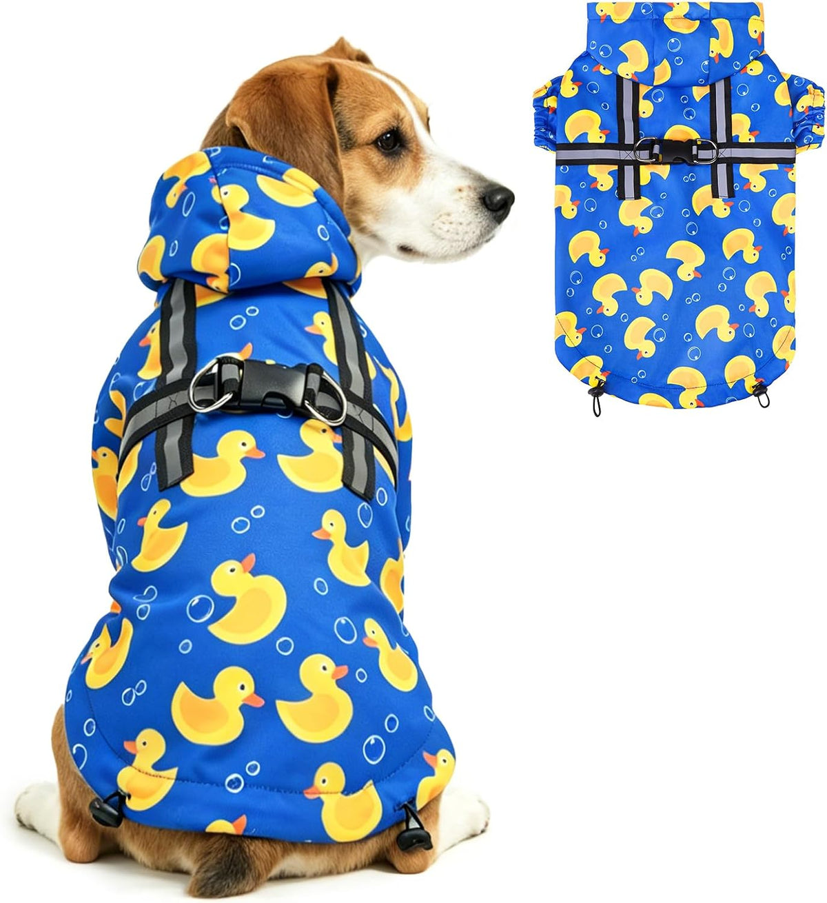 Dog Raincoat with Hood & Harness Built-in, Waterproof Dog Rain Jacket Slicker Poncho Reflective Vest Clothes for Rainy Snowy Winter Cold Days, Blue Duck M
