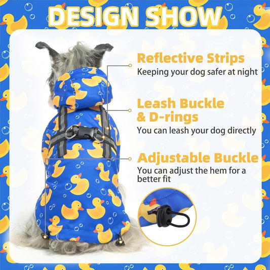 Dog Raincoat with Hood & Harness Built-in, Waterproof Dog Rain Jacket Slicker Poncho Reflective Vest Clothes for Rainy Snowy Winter Cold Days, Blue Duck M