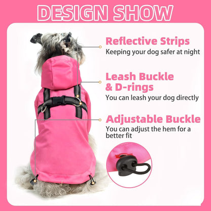 Dog Raincoat with Hood & Harness Built-in, Waterproof Dog Rain Jacket Slicker Poncho Reflective Vest Clothes for Rainy Snowy Winter Cold Days, Blue Duck M