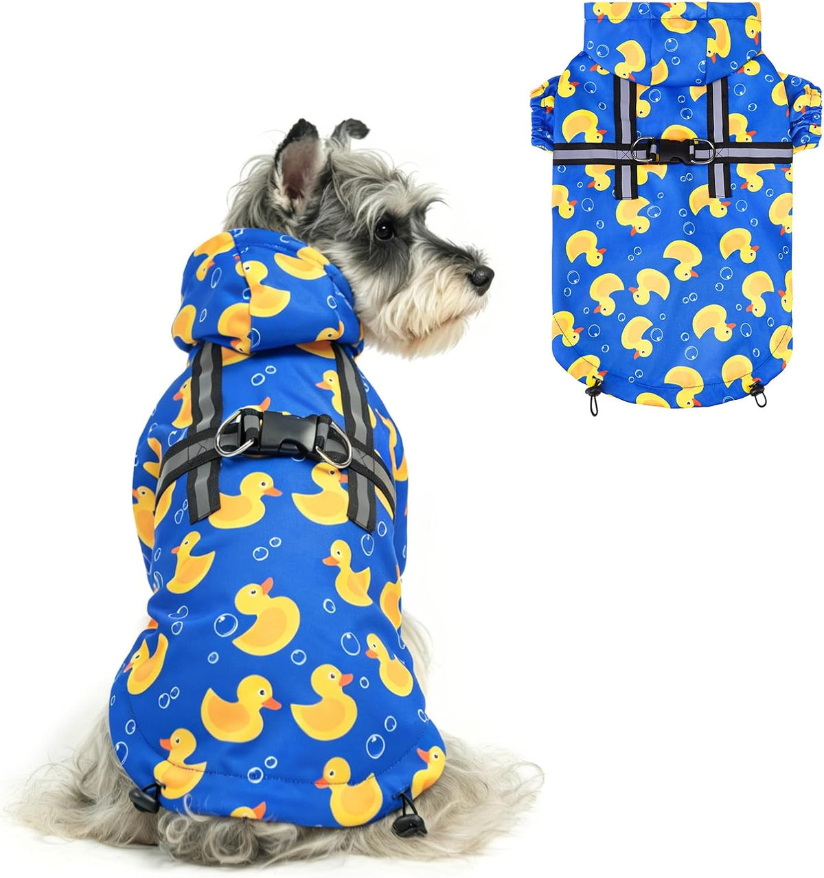 Dog Raincoat with Hood & Harness Built-in, Waterproof Dog Rain Jacket Slicker Poncho Reflective Vest Clothes for Rainy Snowy Winter Cold Days, Blue Duck M