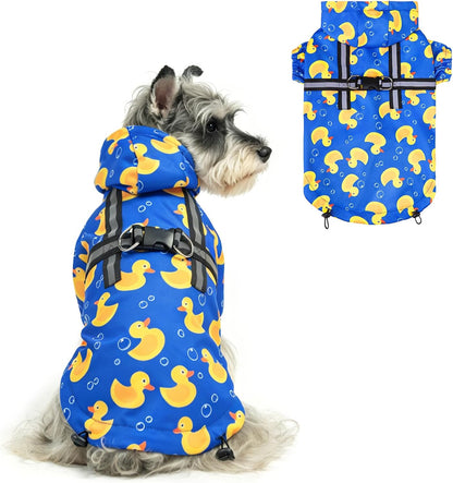 Dog Raincoat with Hood & Harness Built-in, Waterproof Dog Rain Jacket Slicker Poncho Reflective Vest Clothes for Rainy Snowy Winter Cold Days, Blue Duck M
