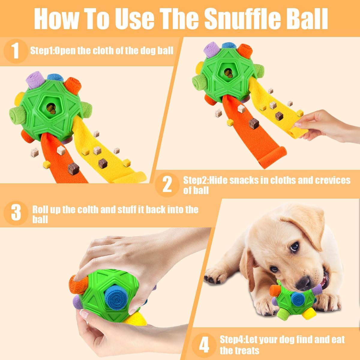 Dog Snuffle Ball-Interactive Puzzle Dog Toys Encourage Natural Foraging Skills Slow Feeder for Training and Stress Relief, Cloth Strip Hiding Food Dog Toys with Squeaky Carrot Toy for Any Size