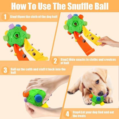 Dog Snuffle Ball-Interactive Puzzle Dog Toys Encourage Natural Foraging Skills Slow Feeder for Training and Stress Relief, Cloth Strip Hiding Food Dog Toys with Squeaky Carrot Toy for Any Size
