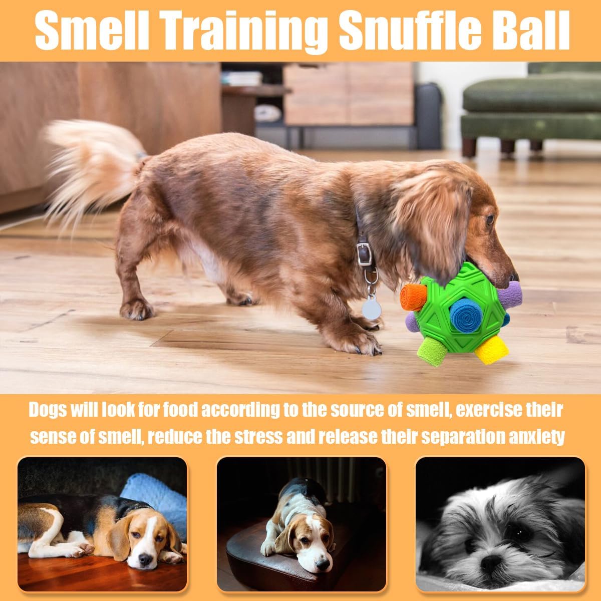 Dog Snuffle Ball-Interactive Puzzle Dog Toys Encourage Natural Foraging Skills Slow Feeder for Training and Stress Relief, Cloth Strip Hiding Food Dog Toys with Squeaky Carrot Toy for Any Size