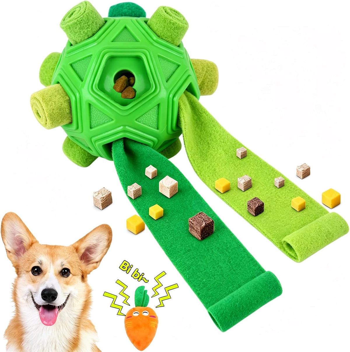Dog Snuffle Ball-Interactive Puzzle Dog Toys Encourage Natural Foraging Skills Slow Feeder for Training and Stress Relief, Cloth Strip Hiding Food Dog Toys with Squeaky Carrot Toy for Any Size