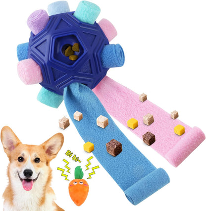 Dog Snuffle Ball-Interactive Puzzle Dog Toys Encourage Natural Foraging Skills Slow Feeder for Training and Stress Relief, Cloth Strip Hiding Food Dog Toys with Squeaky Carrot Toy for Any Size