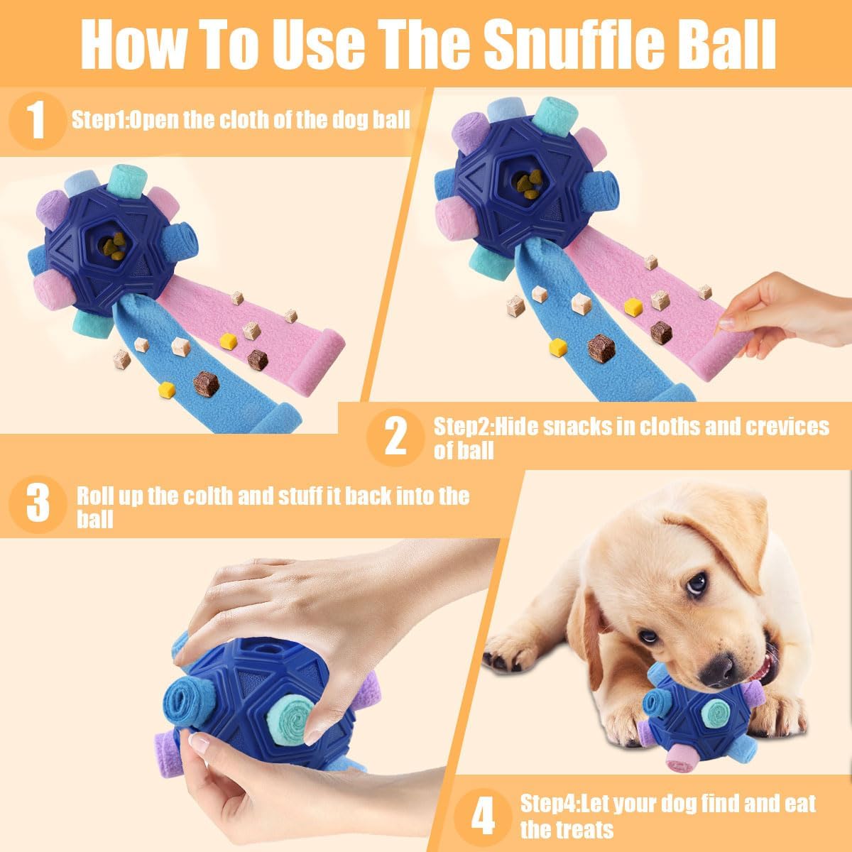 Dog Snuffle Ball-Interactive Puzzle Dog Toys Encourage Natural Foraging Skills Slow Feeder for Training and Stress Relief, Cloth Strip Hiding Food Dog Toys with Squeaky Carrot Toy for Any Size