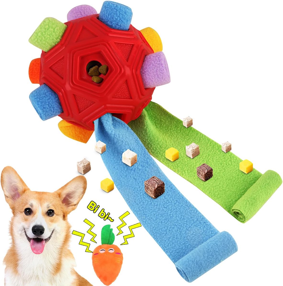 Dog Snuffle Ball-Interactive Puzzle Dog Toys Encourage Natural Foraging Skills Slow Feeder for Training and Stress Relief, Cloth Strip Hiding Food Dog Toys with Squeaky Carrot Toy for Any Size