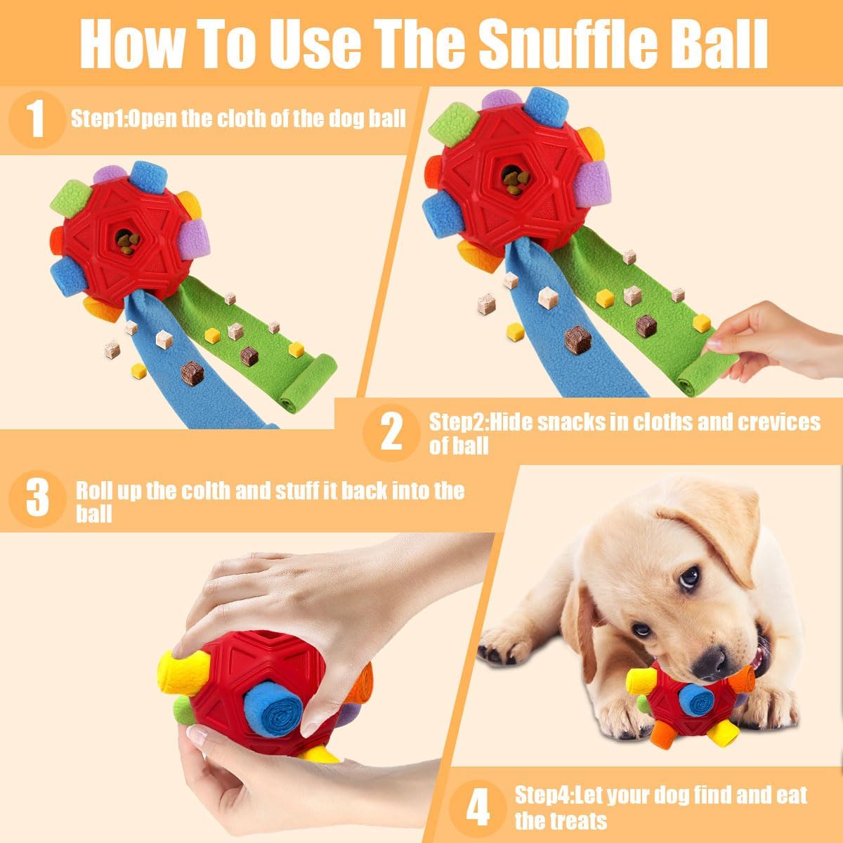 Dog Snuffle Ball-Interactive Puzzle Dog Toys Encourage Natural Foraging Skills Slow Feeder for Training and Stress Relief, Cloth Strip Hiding Food Dog Toys with Squeaky Carrot Toy for Any Size