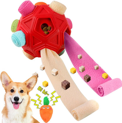 Dog Snuffle Ball-Interactive Puzzle Dog Toys Encourage Natural Foraging Skills Slow Feeder for Training and Stress Relief, Cloth Strip Hiding Food Dog Toys with Squeaky Carrot Toy for Any Size