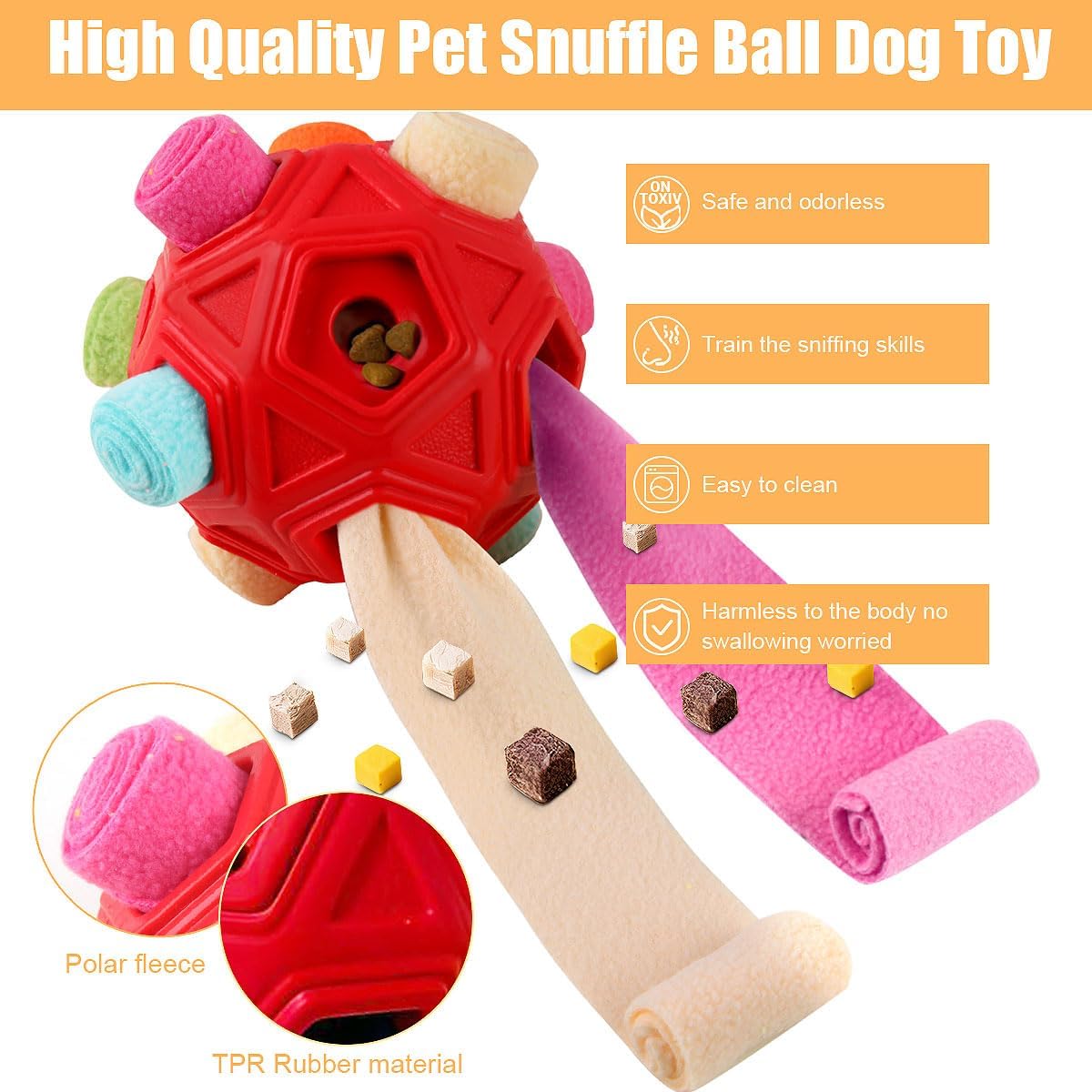 Dog Snuffle Ball-Interactive Puzzle Dog Toys Encourage Natural Foraging Skills Slow Feeder for Training and Stress Relief, Cloth Strip Hiding Food Dog Toys with Squeaky Carrot Toy for Any Size