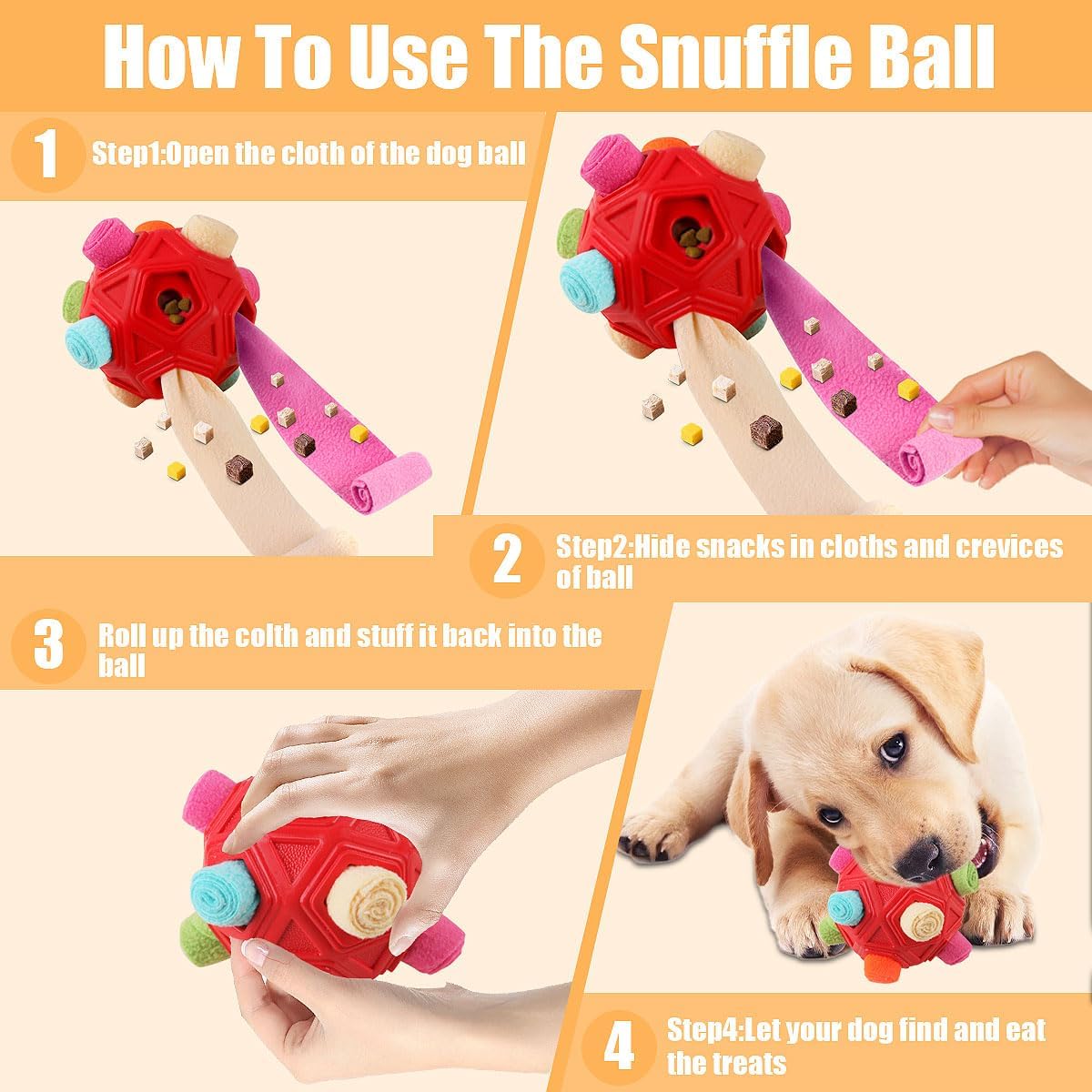 Dog Snuffle Ball-Interactive Puzzle Dog Toys Encourage Natural Foraging Skills Slow Feeder for Training and Stress Relief, Cloth Strip Hiding Food Dog Toys with Squeaky Carrot Toy for Any Size