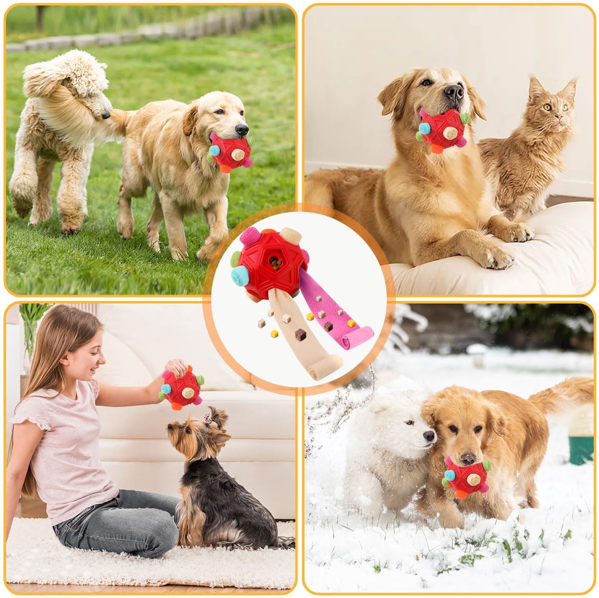Dog Snuffle Ball-Interactive Puzzle Dog Toys Encourage Natural Foraging Skills Slow Feeder for Training and Stress Relief, Cloth Strip Hiding Food Dog Toys with Squeaky Carrot Toy for Any Size