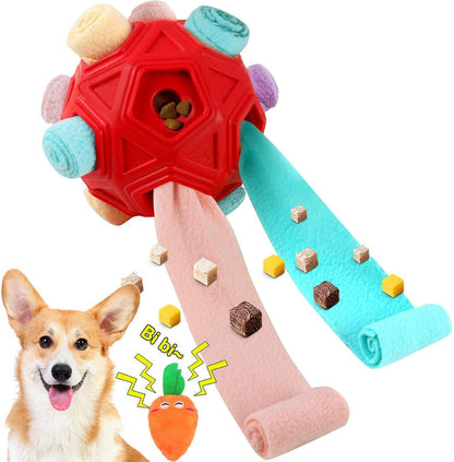 Dog Snuffle Ball-Interactive Puzzle Dog Toys Encourage Natural Foraging Skills Slow Feeder for Training and Stress Relief, Cloth Strip Hiding Food Dog Toys with Squeaky Carrot Toy for Any Size