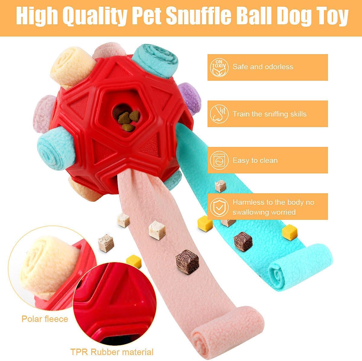 Dog Snuffle Ball-Interactive Puzzle Dog Toys Encourage Natural Foraging Skills Slow Feeder for Training and Stress Relief, Cloth Strip Hiding Food Dog Toys with Squeaky Carrot Toy for Any Size