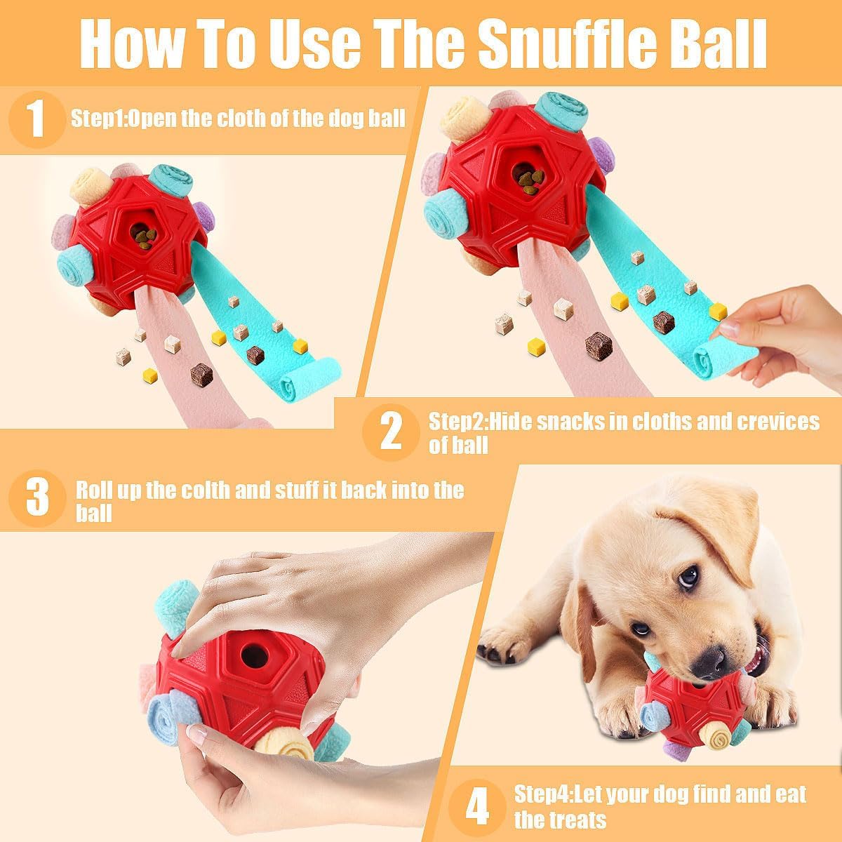 Dog Snuffle Ball-Interactive Puzzle Dog Toys Encourage Natural Foraging Skills Slow Feeder for Training and Stress Relief, Cloth Strip Hiding Food Dog Toys with Squeaky Carrot Toy for Any Size