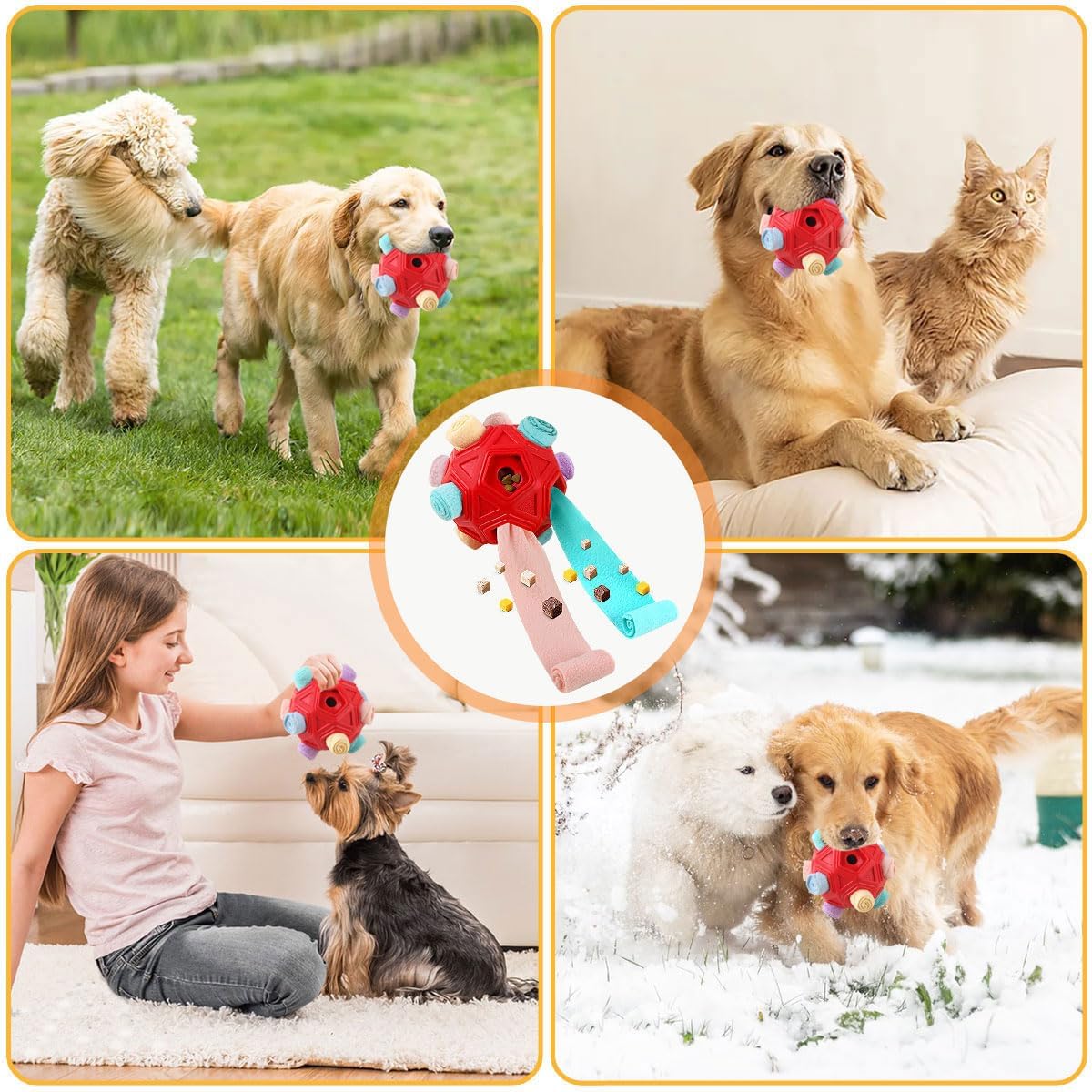 Dog Snuffle Ball-Interactive Puzzle Dog Toys Encourage Natural Foraging Skills Slow Feeder for Training and Stress Relief, Cloth Strip Hiding Food Dog Toys with Squeaky Carrot Toy for Any Size