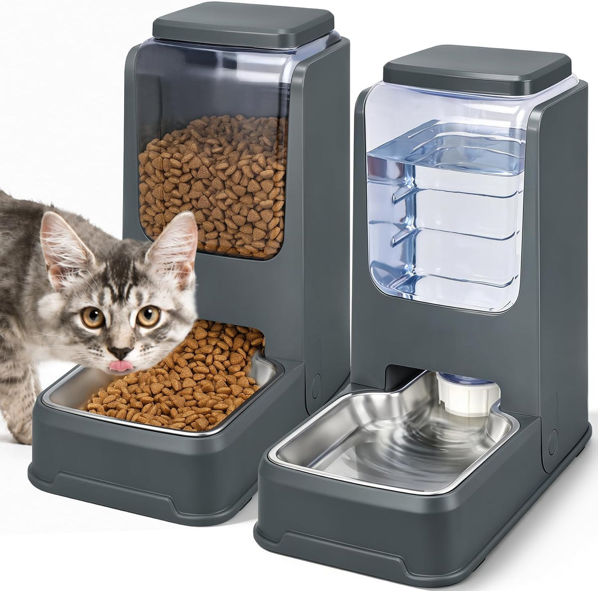 Automatic Cat Feeder and Water Dispenser Set with Dog Stainless Steel Feed Bowl Pet Gravity Self Feeding and Waterer Large Capacity for Small Medium Large Dogs Puppy Kitten 2 Pack