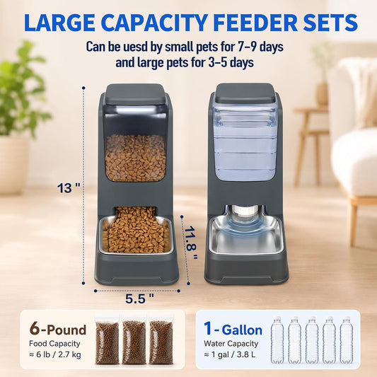 Automatic Cat Feeder and Water Dispenser Set with Dog Stainless Steel Feed Bowl Pet Gravity Self Feeding and Waterer Large Capacity for Small Medium Large Dogs Puppy Kitten 2 Pack