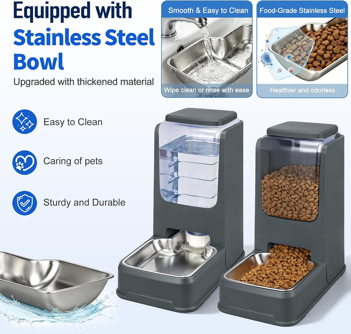 Automatic Cat Feeder and Water Dispenser Set with Dog Stainless Steel Feed Bowl Pet Gravity Self Feeding and Waterer Large Capacity for Small Medium Large Dogs Puppy Kitten 2 Pack