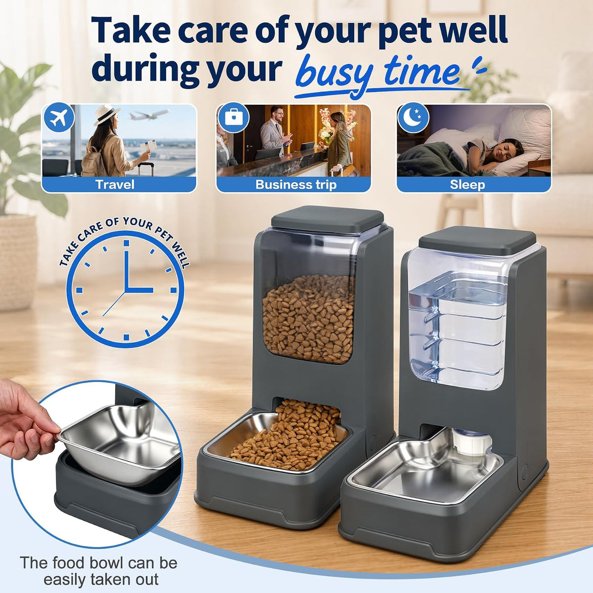 Automatic Cat Feeder and Water Dispenser Set with Dog Stainless Steel Feed Bowl Pet Gravity Self Feeding and Waterer Large Capacity for Small Medium Large Dogs Puppy Kitten 2 Pack