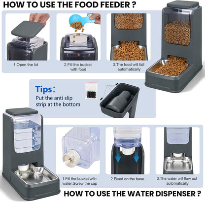 Automatic Cat Feeder and Water Dispenser Set with Dog Stainless Steel Feed Bowl Pet Gravity Self Feeding and Waterer Large Capacity for Small Medium Large Dogs Puppy Kitten 2 Pack