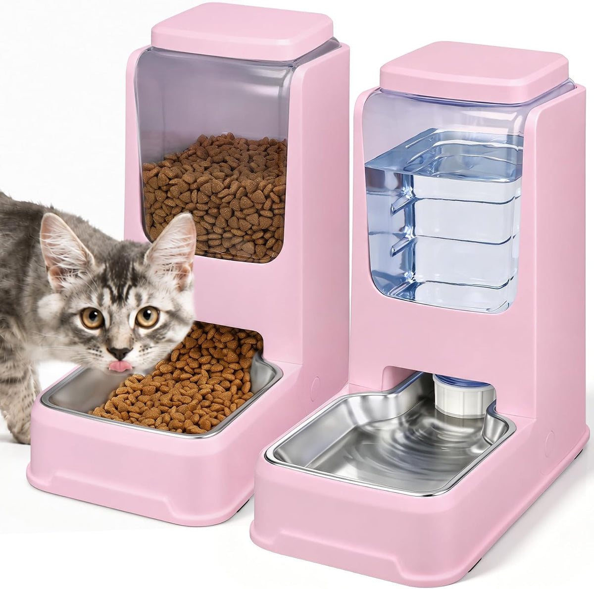 Automatic Cat Feeder and Water Dispenser Set with Dog Stainless Steel Feed Bowl Pet Gravity Self Feeding and Waterer Large Capacity for Small Medium Large Dogs Puppy Kitten 2 Pack