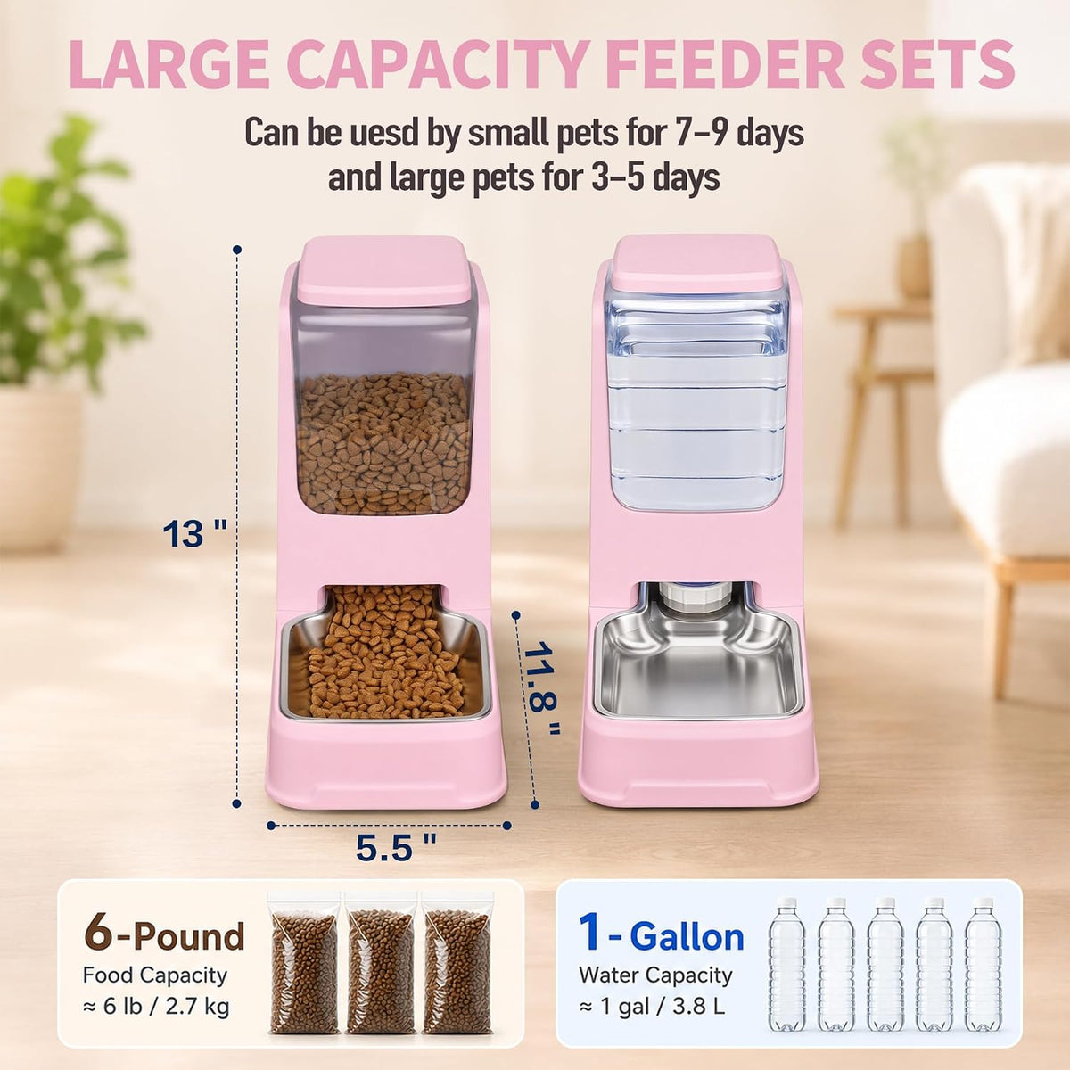 Automatic Cat Feeder and Water Dispenser Set with Dog Stainless Steel Feed Bowl Pet Gravity Self Feeding and Waterer Large Capacity for Small Medium Large Dogs Puppy Kitten 2 Pack