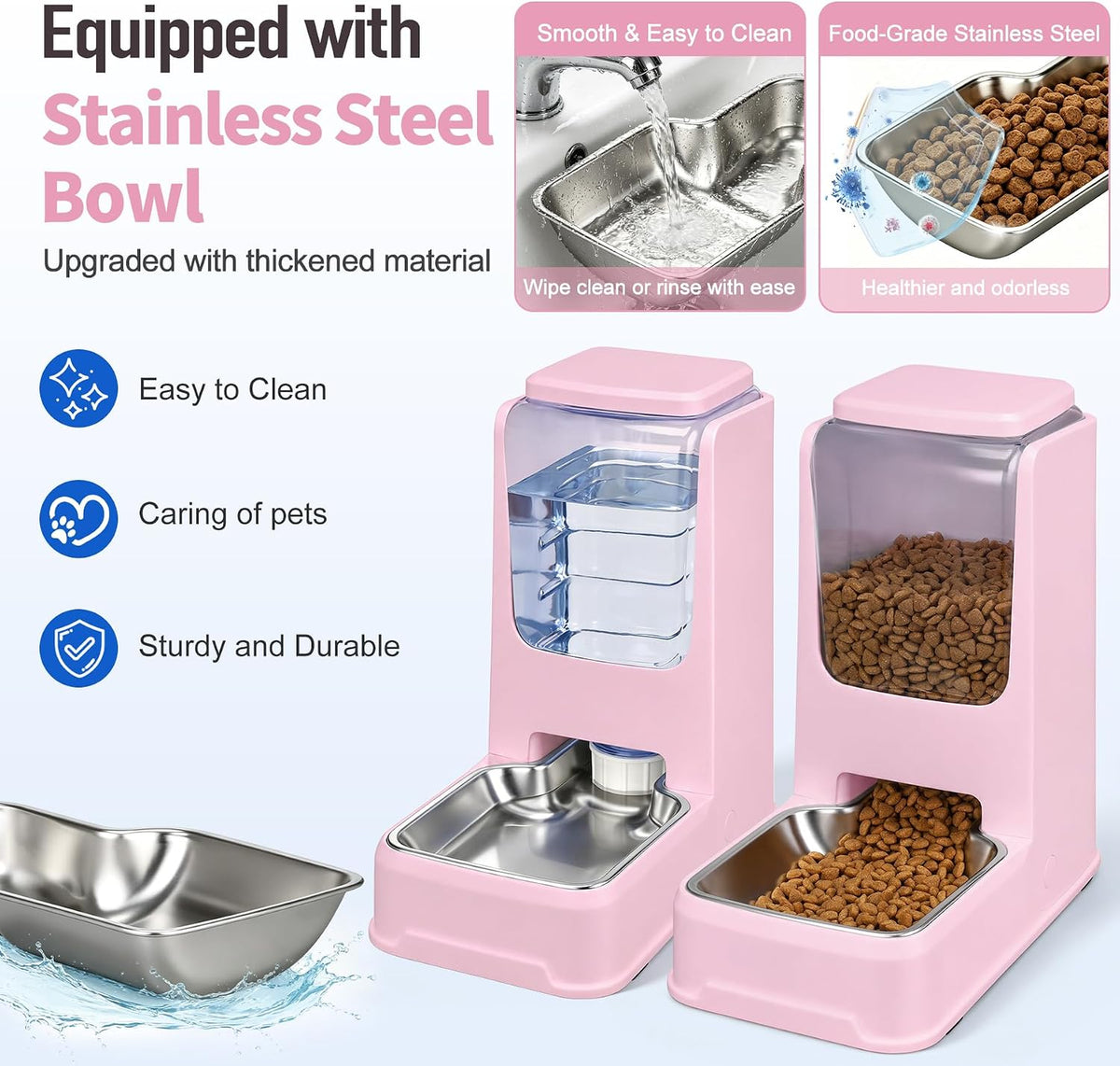 Automatic Cat Feeder and Water Dispenser Set with Dog Stainless Steel Feed Bowl Pet Gravity Self Feeding and Waterer Large Capacity for Small Medium Large Dogs Puppy Kitten 2 Pack