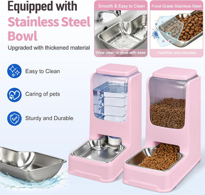 Automatic Cat Feeder and Water Dispenser Set with Dog Stainless Steel Feed Bowl Pet Gravity Self Feeding and Waterer Large Capacity for Small Medium Large Dogs Puppy Kitten 2 Pack