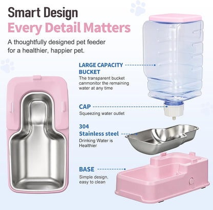 Automatic Cat Feeder and Water Dispenser Set with Dog Stainless Steel Feed Bowl Pet Gravity Self Feeding and Waterer Large Capacity for Small Medium Large Dogs Puppy Kitten 2 Pack