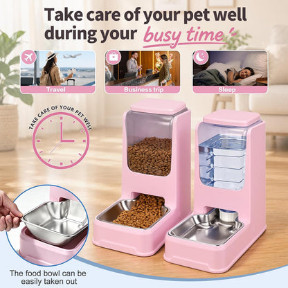 Automatic Cat Feeder and Water Dispenser Set with Dog Stainless Steel Feed Bowl Pet Gravity Self Feeding and Waterer Large Capacity for Small Medium Large Dogs Puppy Kitten 2 Pack