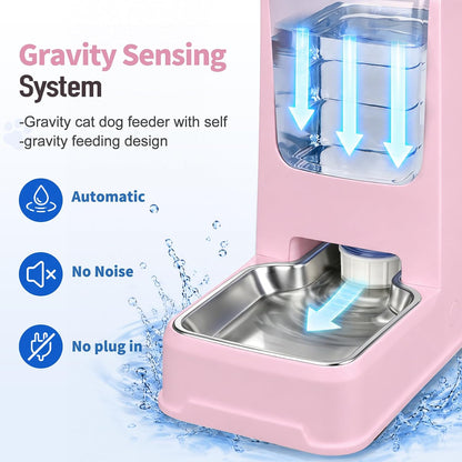 Automatic Cat Feeder and Water Dispenser Set with Dog Stainless Steel Feed Bowl Pet Gravity Self Feeding and Waterer Large Capacity for Small Medium Large Dogs Puppy Kitten 2 Pack