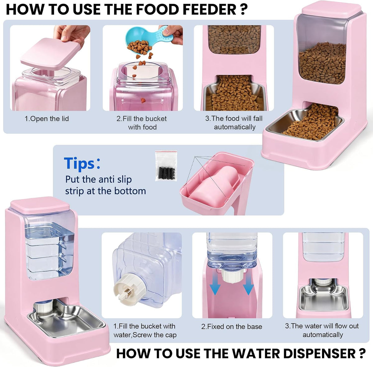 Automatic Cat Feeder and Water Dispenser Set with Dog Stainless Steel Feed Bowl Pet Gravity Self Feeding and Waterer Large Capacity for Small Medium Large Dogs Puppy Kitten 2 Pack