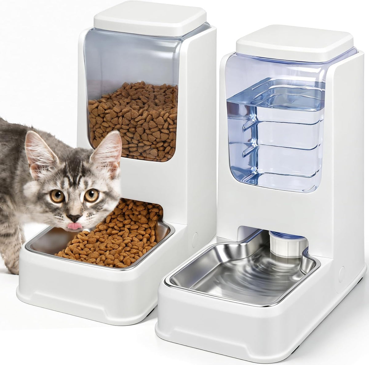 Automatic Cat Feeder and Water Dispenser Set with Dog Stainless Steel Feed Bowl Pet Gravity Self Feeding and Waterer Large Capacity for Small Medium Large Dogs Puppy Kitten 2 Pack