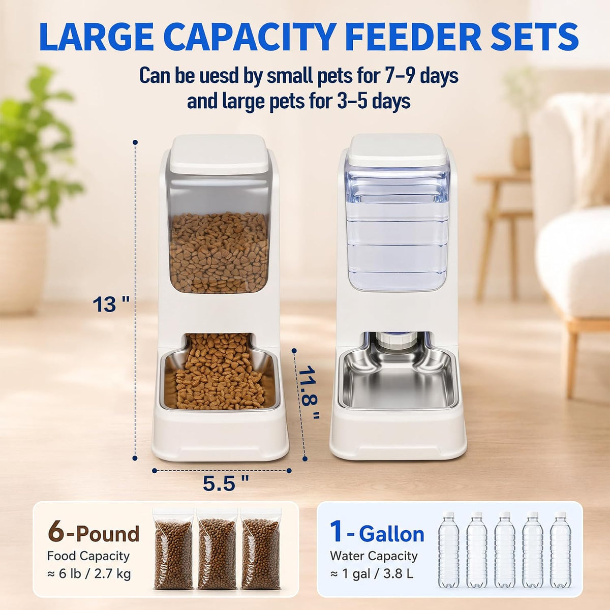 Automatic Cat Feeder and Water Dispenser Set with Dog Stainless Steel Feed Bowl Pet Gravity Self Feeding and Waterer Large Capacity for Small Medium Large Dogs Puppy Kitten 2 Pack