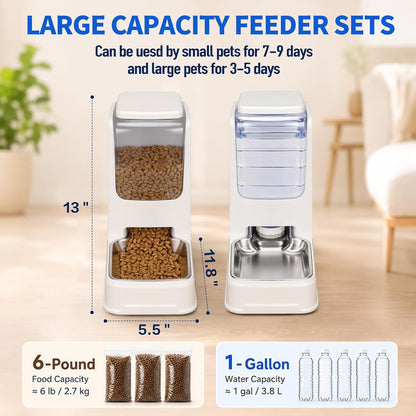 Automatic Cat Feeder and Water Dispenser Set with Dog Stainless Steel Feed Bowl Pet Gravity Self Feeding and Waterer Large Capacity for Small Medium Large Dogs Puppy Kitten 2 Pack