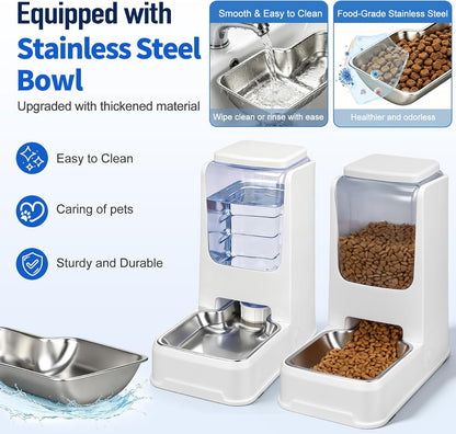 Automatic Cat Feeder and Water Dispenser Set with Dog Stainless Steel Feed Bowl Pet Gravity Self Feeding and Waterer Large Capacity for Small Medium Large Dogs Puppy Kitten 2 Pack