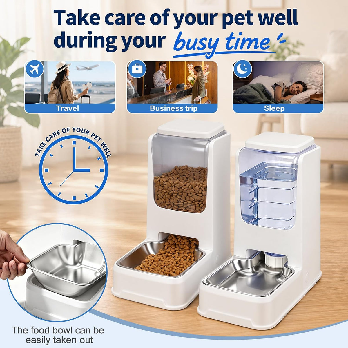 Automatic Cat Feeder and Water Dispenser Set with Dog Stainless Steel Feed Bowl Pet Gravity Self Feeding and Waterer Large Capacity for Small Medium Large Dogs Puppy Kitten 2 Pack