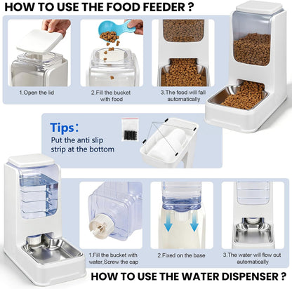 Automatic Cat Feeder and Water Dispenser Set with Dog Stainless Steel Feed Bowl Pet Gravity Self Feeding and Waterer Large Capacity for Small Medium Large Dogs Puppy Kitten 2 Pack