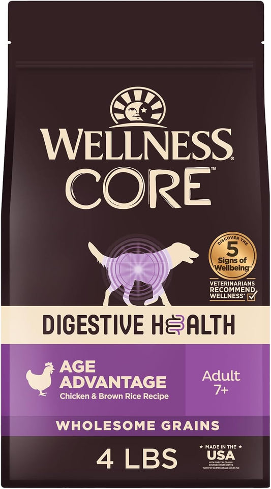 Wellness CORE Digestive Health Age Advantage Senior Dry Dog Food, Wholesome Grain Kibble, Sensitive Stomach, Natural, High Protein, Chicken and Brown Rice Recipe, 4 lb Bag