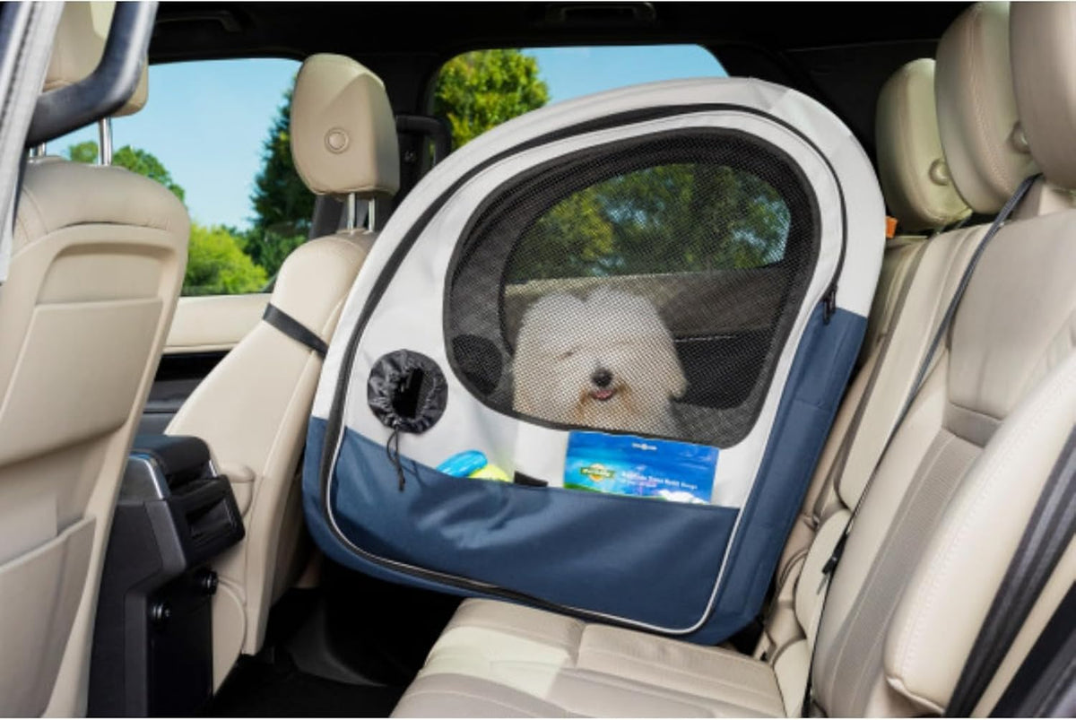 Happy Ride Collapsible Travel Dog Crate | Mesh Sides for Ventilation, 2 Entry Doors, Removable Washable Fleece Pad Cover, Folds Flat for Storage, For Pets Up to 60 Lb