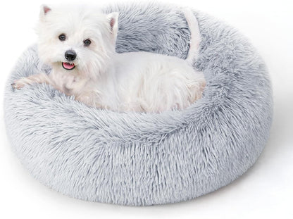 Calming Round Dog Bed & Cat Bed for Indoor Cats, Medium Size Washable Anti-Slip Anti-Anxiety Donut Dog Beds for Small Dogs & Cats, Fluffy Plush Soft Dog Bed(20 Inch, Light Grey)